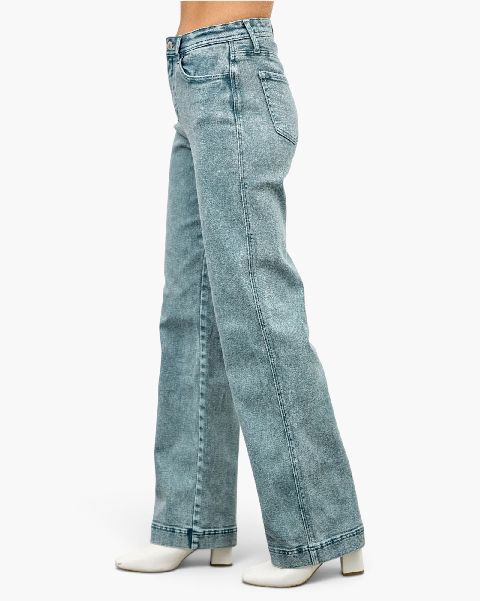 Beach Rose Co. high rise slim wide straight leg jeans in light blue stretch denim with a clean ankle hem