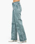 Beach Rose Co. high rise slim wide straight leg jeans in light blue stretch denim with a clean ankle hem