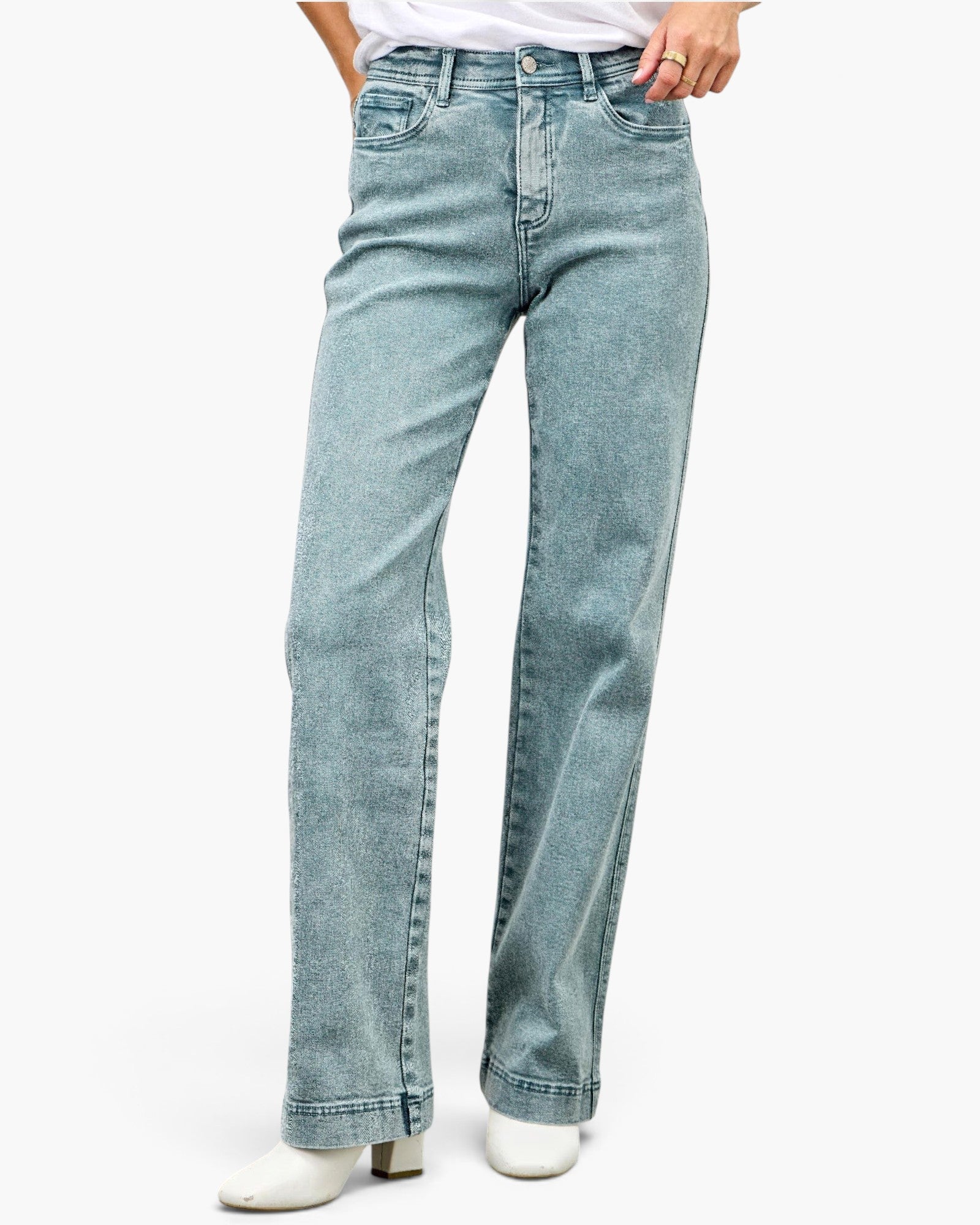 Beach Rose Co. high rise slim wide straight jeans in light blue stretch denim with a clean ankle-length hem.