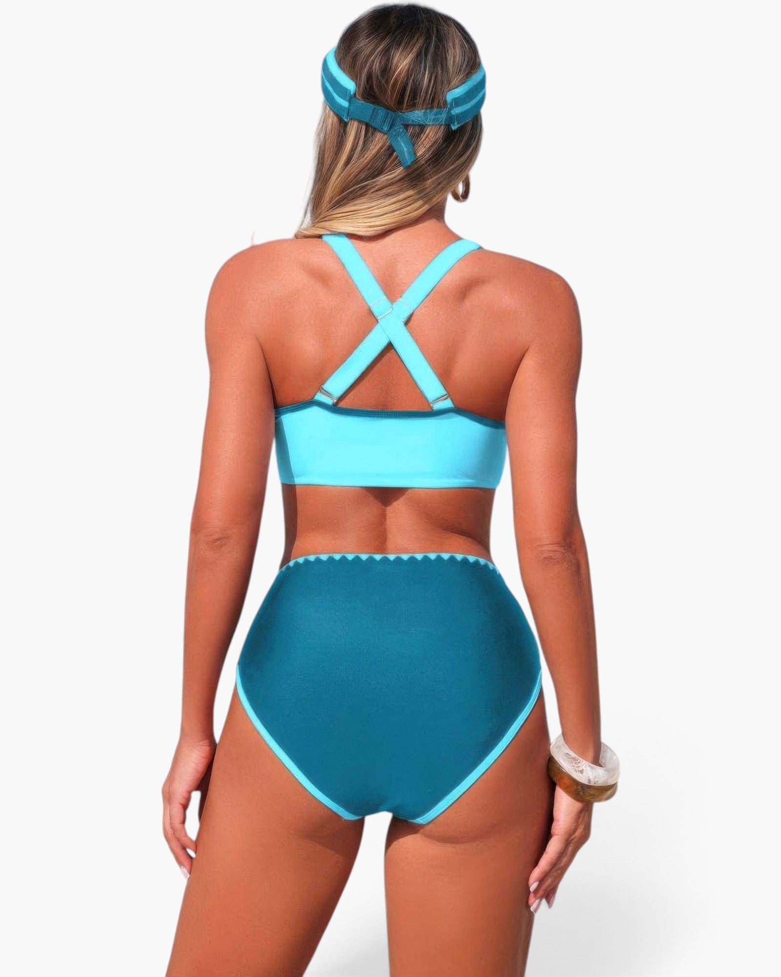 Beach Rose Co. high-waisted bikini set in teal and light blue with a crisscross back and scalloped trim details.