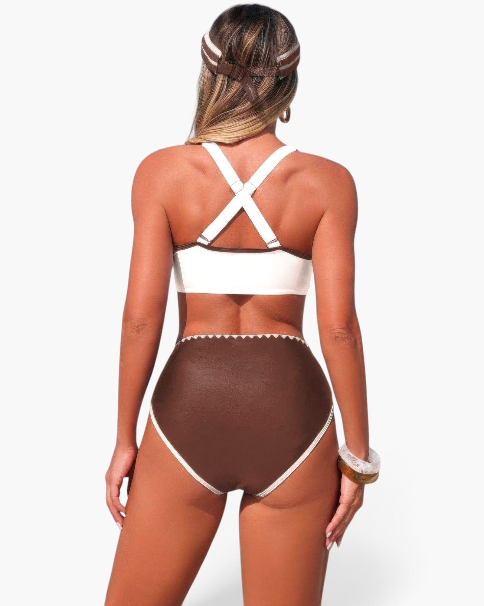 Beach Rose Co. high-waisted bikini set with brown and white contrast trim, crisscross straps, and scalloped details.