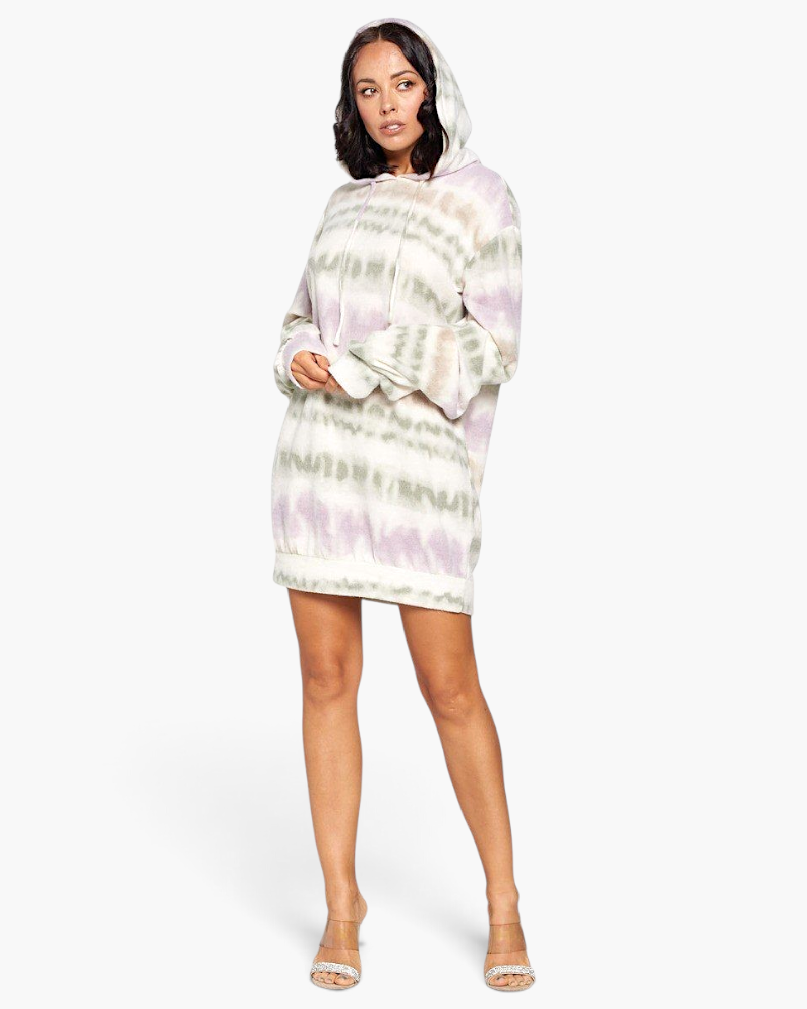 Beach Rose Co. hooded sweater dress in a lavender and olive brushed tie-dye print made from soft terry fabric.