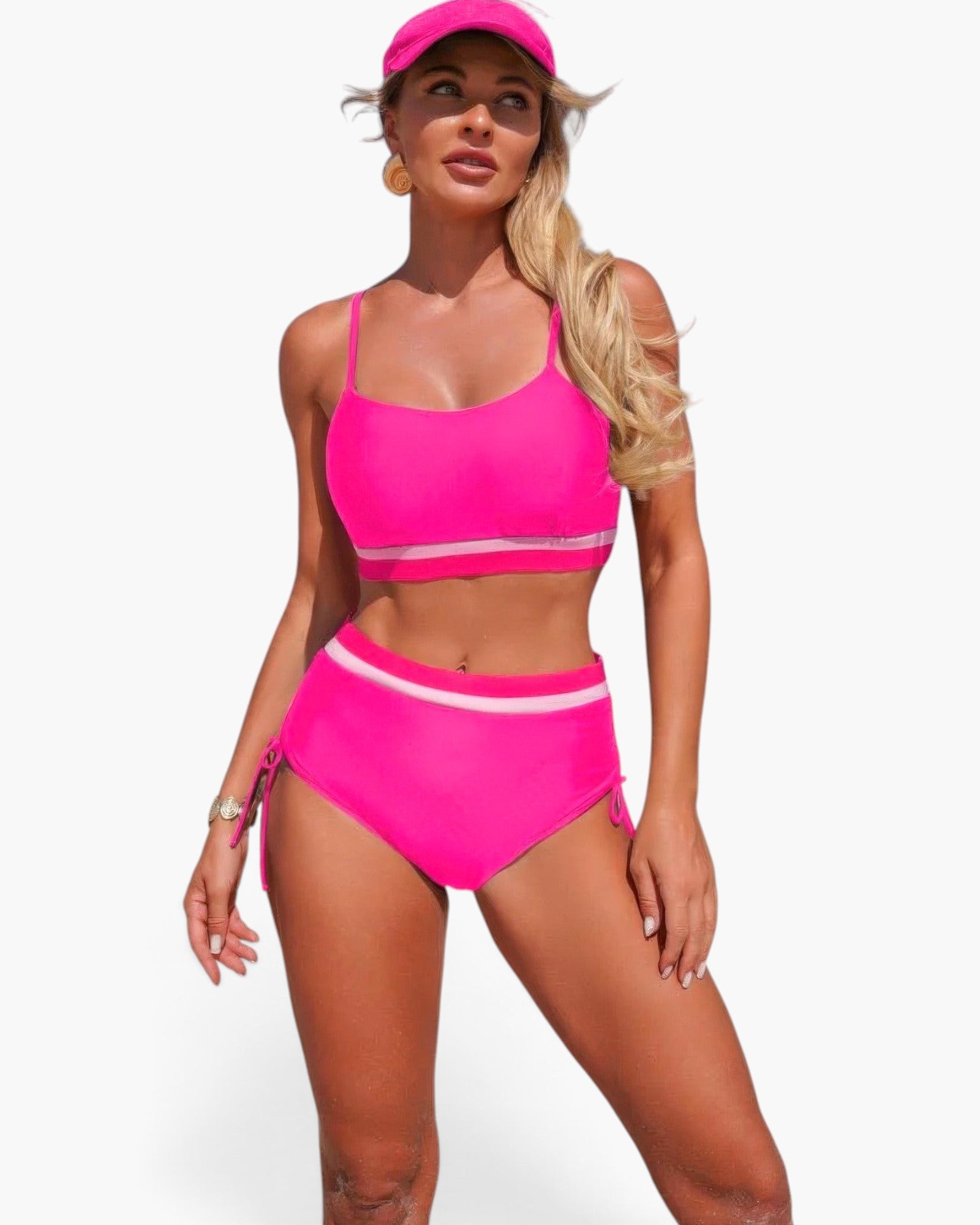 Beach Rose Co. hot pink two-piece bikini with contrast trim and side tie-up details worn by a blonde model with a cap