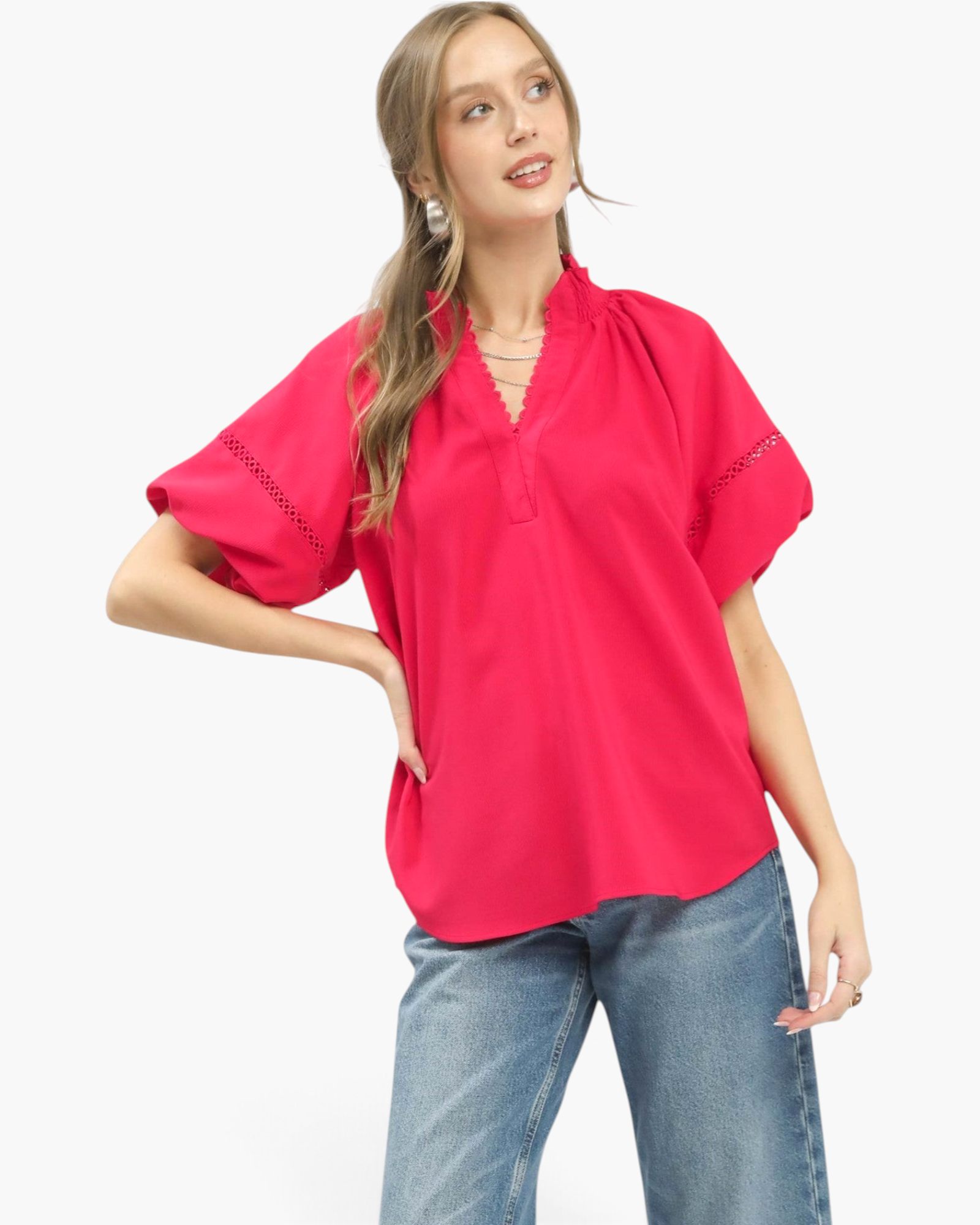Beach Rose Co. hot pink blouse with smocked stand collar, scalloped V-neck, and lace-trimmed voluminous short sleeves.