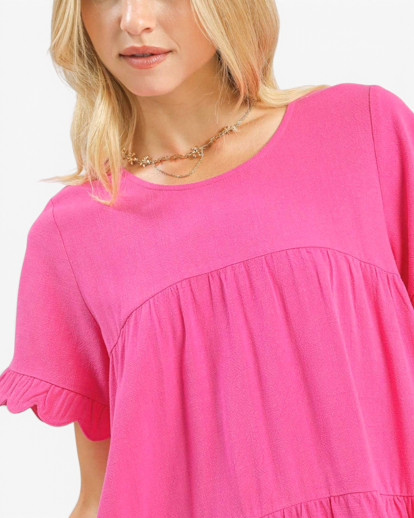 Beach Rose Co. hot pink linen blend mini dress featuring a round neckline and short sleeves with scalloped ruffle trim