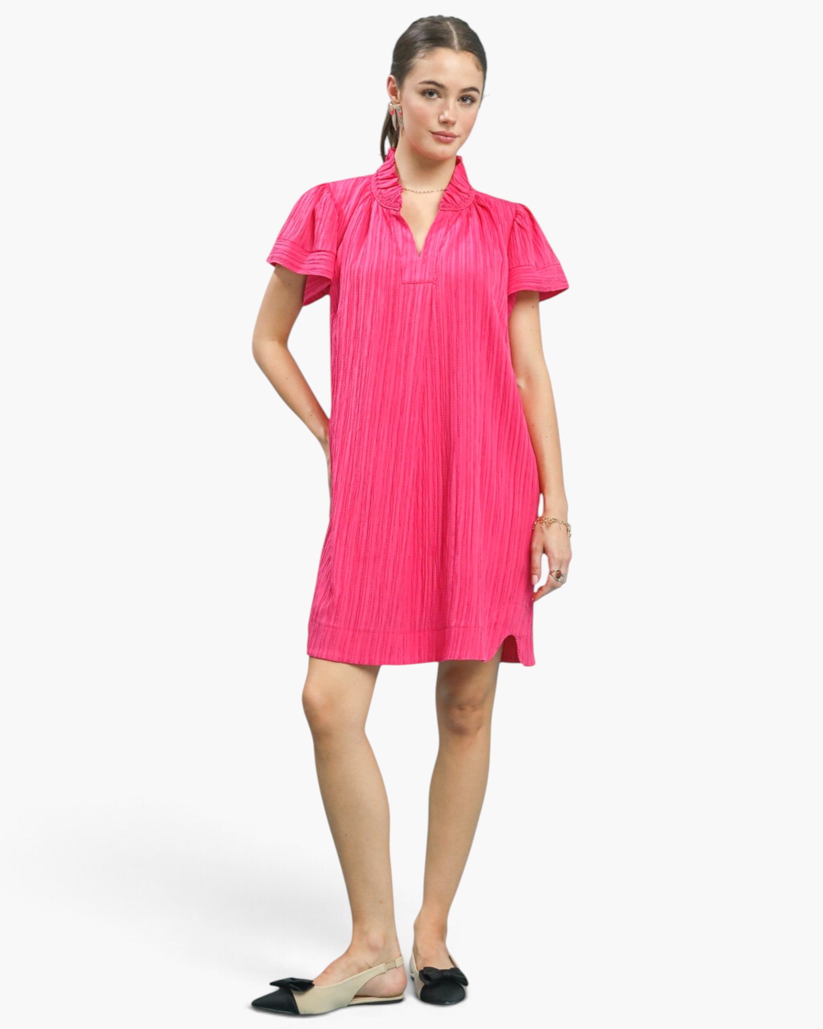 Beach Rose Co. hot pink crinkled shift dress with a ruffled stand collar, split neckline, and short gathered sleeves.