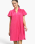 Beach Rose Co. hot pink shift dress with crinkled texture, ruffled stand collar, and short gathered sleeves.