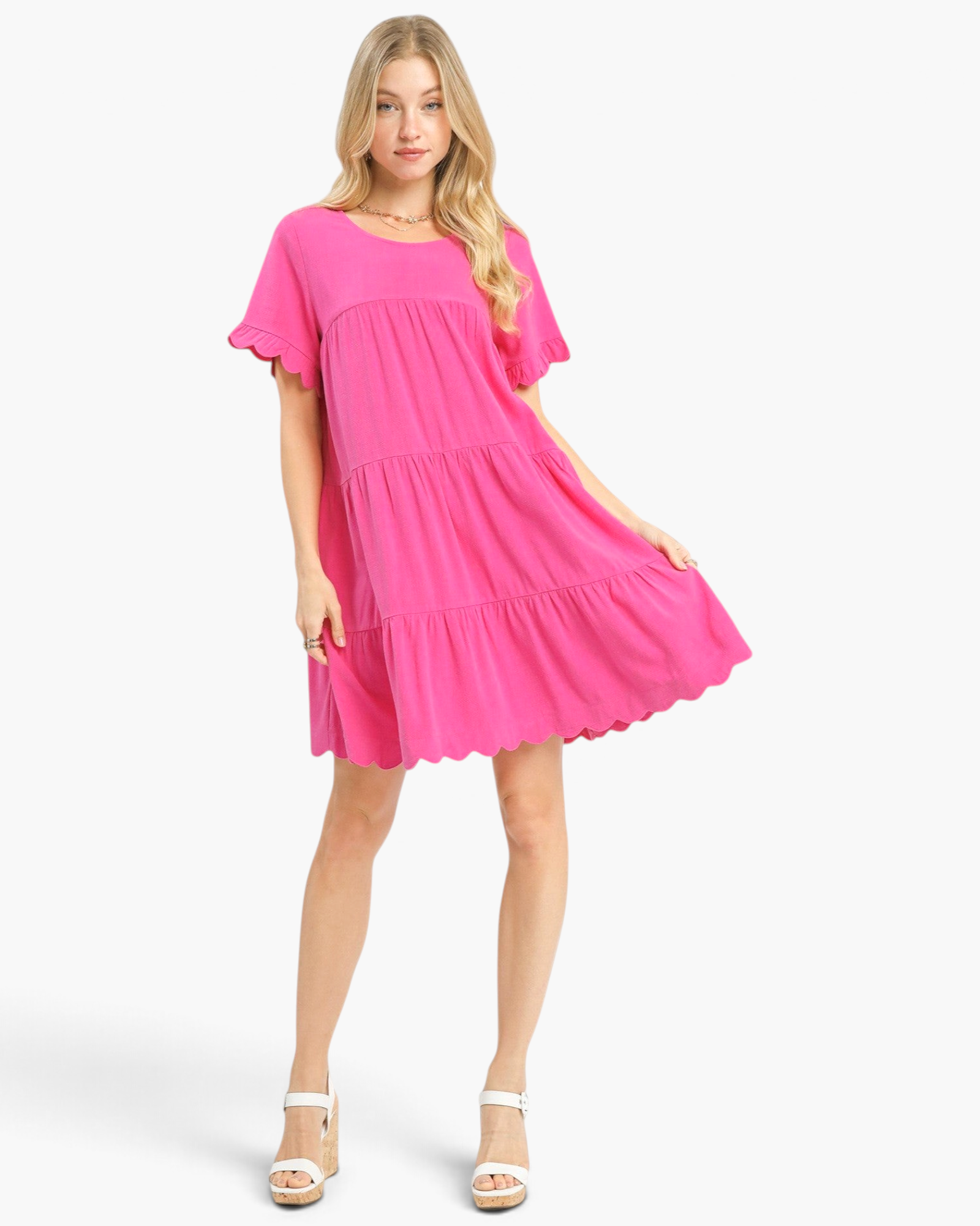 Beach Rose Co. hot pink linen blend mini dress with tiered silhouette, flutter sleeves, and scalloped hem details.