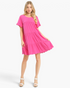 Beach Rose Co. hot pink linen blend mini dress with tiered silhouette, flutter sleeves, and scalloped hem details.
