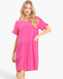 Beach Rose Co. hot pink linen blend mini dress with tiered silhouette and scalloped ruffle sleeves and hem.