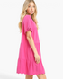 Beach Rose Co. hot pink linen blend mini dress with tiered silhouette, flutter sleeves, and scalloped hem details.