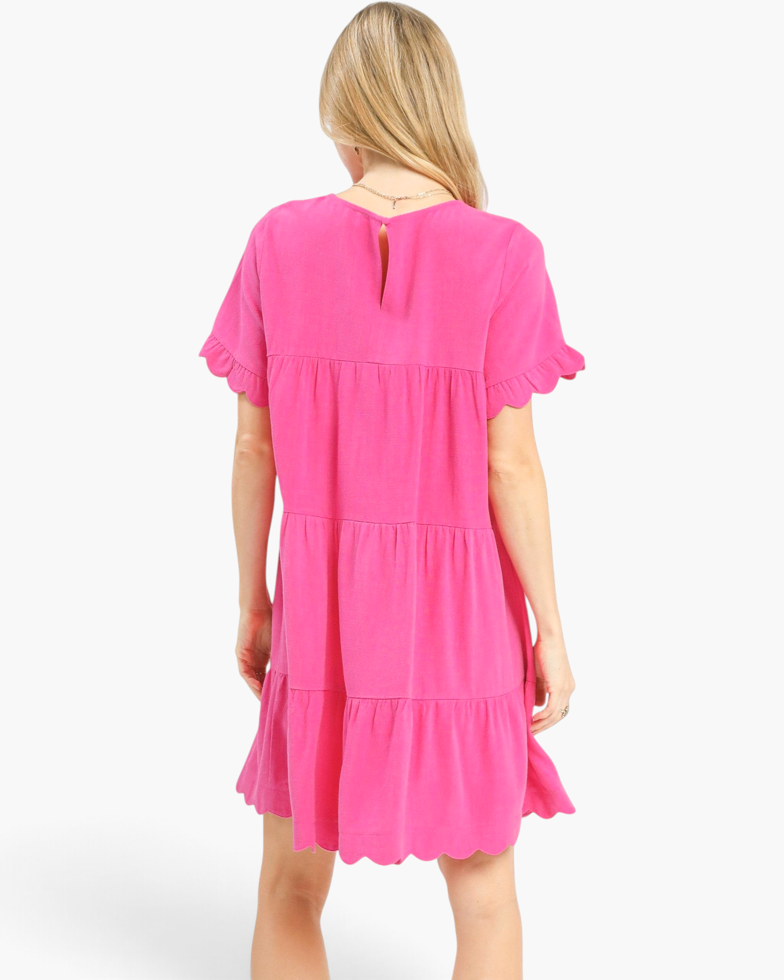 Beach Rose Co. hot pink linen blend mini dress with tiered silhouette, scalloped sleeves, and back keyhole button