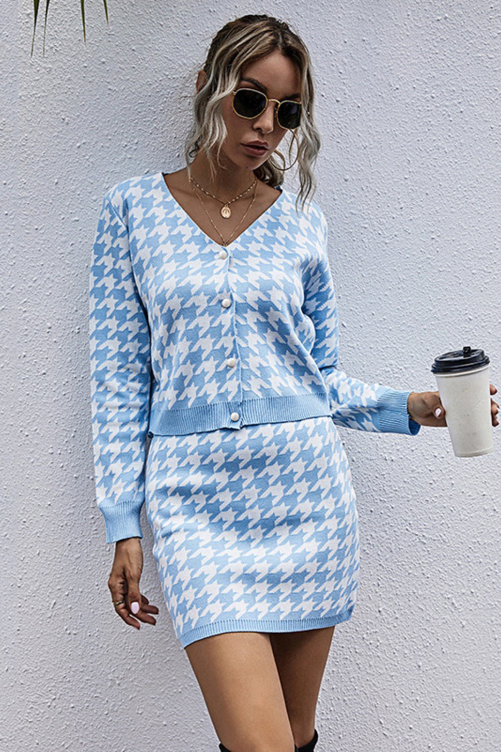 Beach Rose Co. - Houndstooth Sweater & Mini Skirt Set in Sky Blue