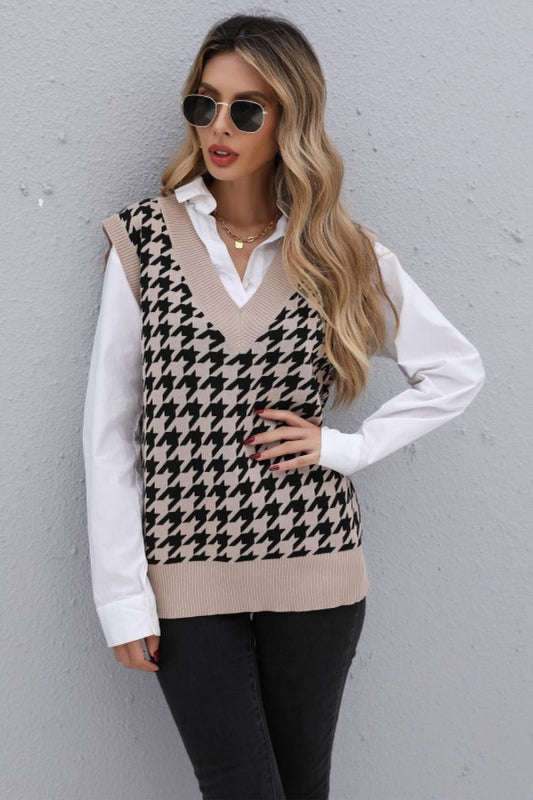 Beach Rose Co. - Houndstooth V - Neck Knit Vest in Khaki