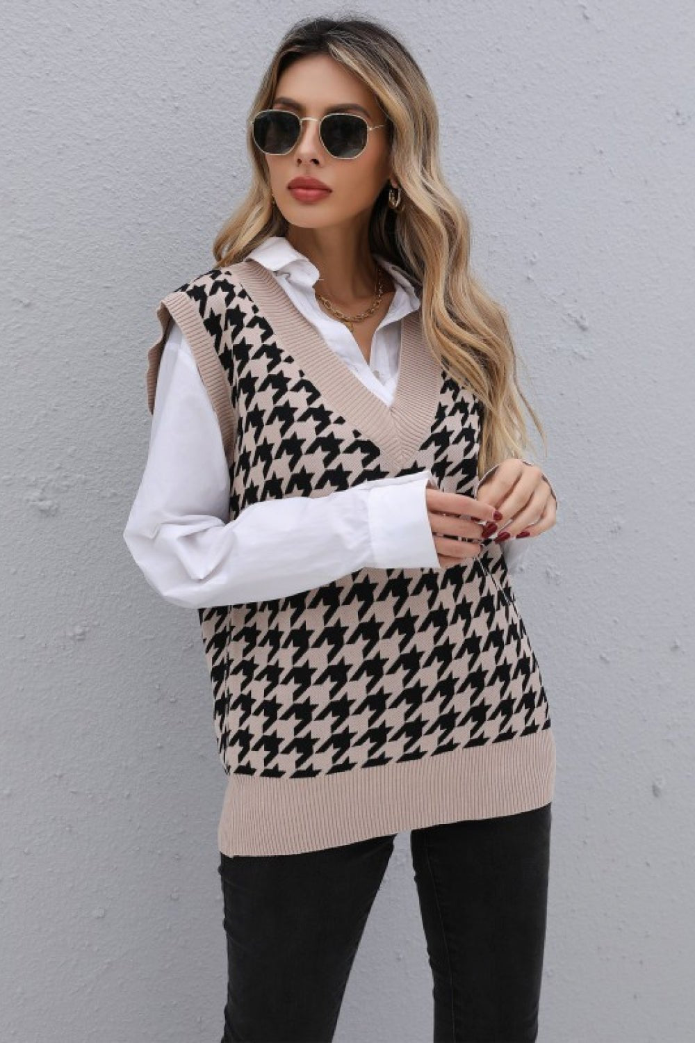 Beach Rose Co. - Houndstooth V - Neck Knit Vest in Khaki