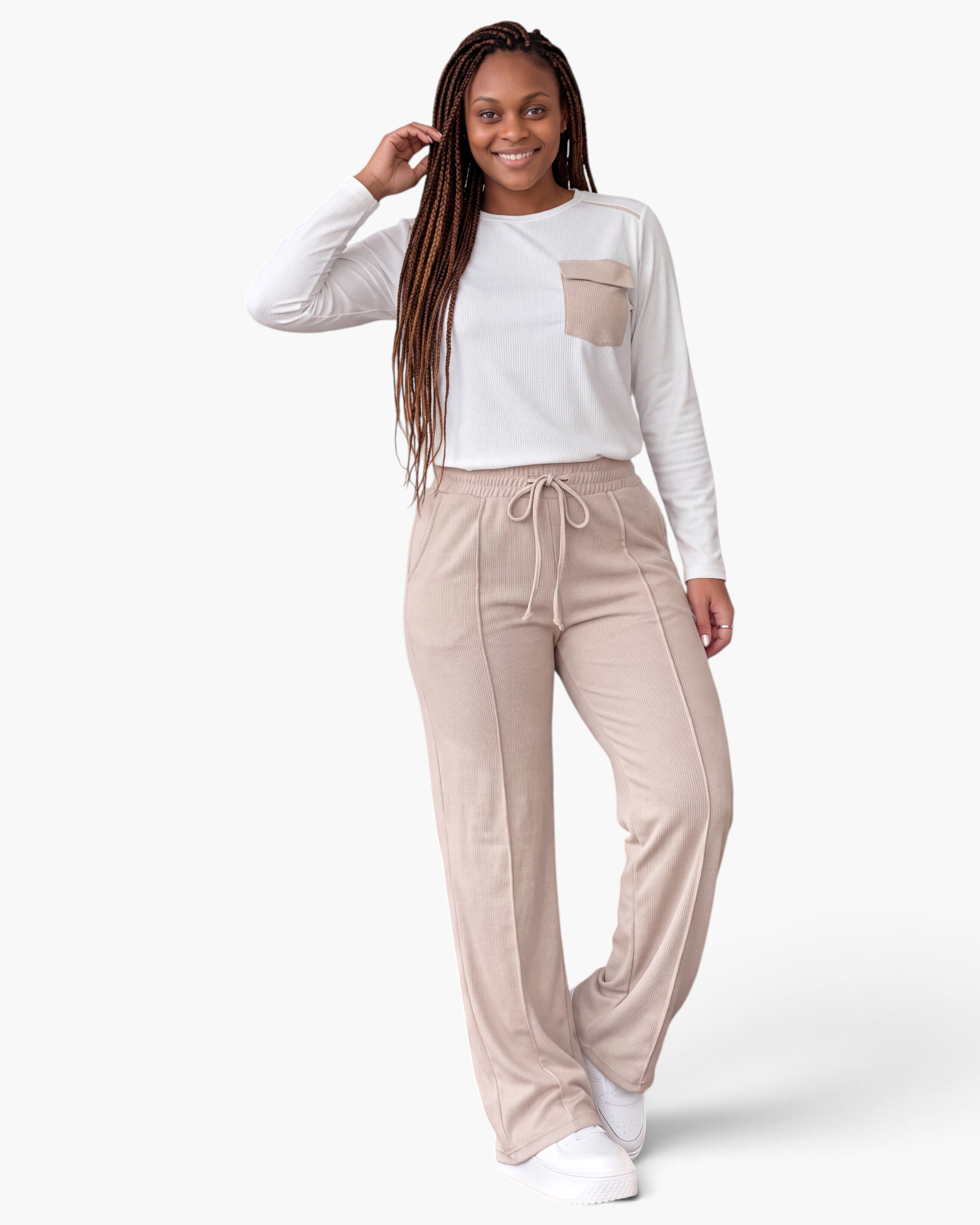 Beach Rose Co. ivory and beige ribbed two-piece set with long-sleeve pocket top and wide-leg drawstring pants.