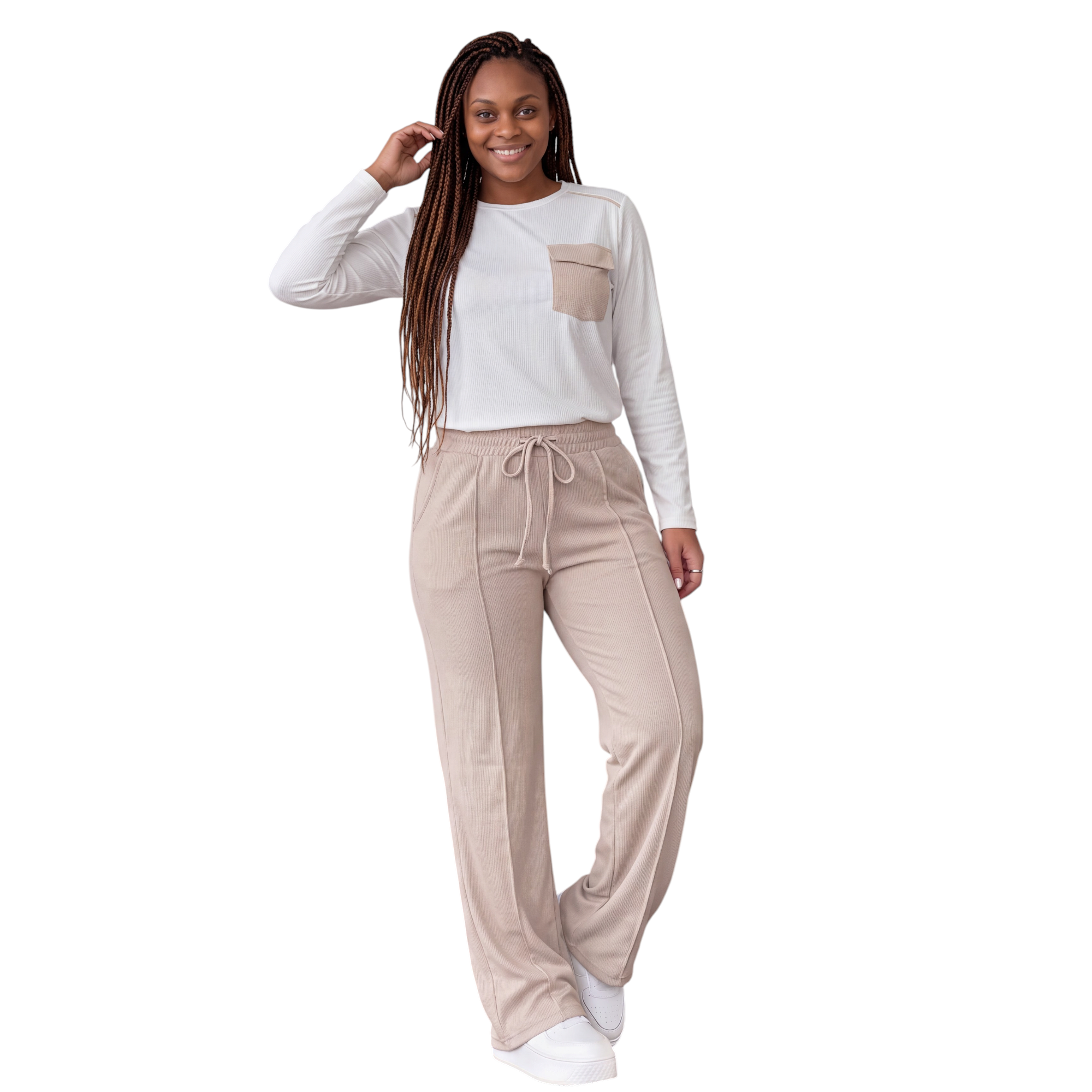 Beach Rose Co. ivory and beige ribbed two-piece set with long-sleeve top, chest pocket, and wide-leg drawstring pants.
