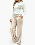Beach Rose Co. ivory and beige ribbed two-piece set with a contrast pocket top and wide-leg drawstring pants.