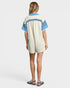 Beach Rose Co. Ivory and blue striped collared romper with short sleeves and button front. Cotton blend.
