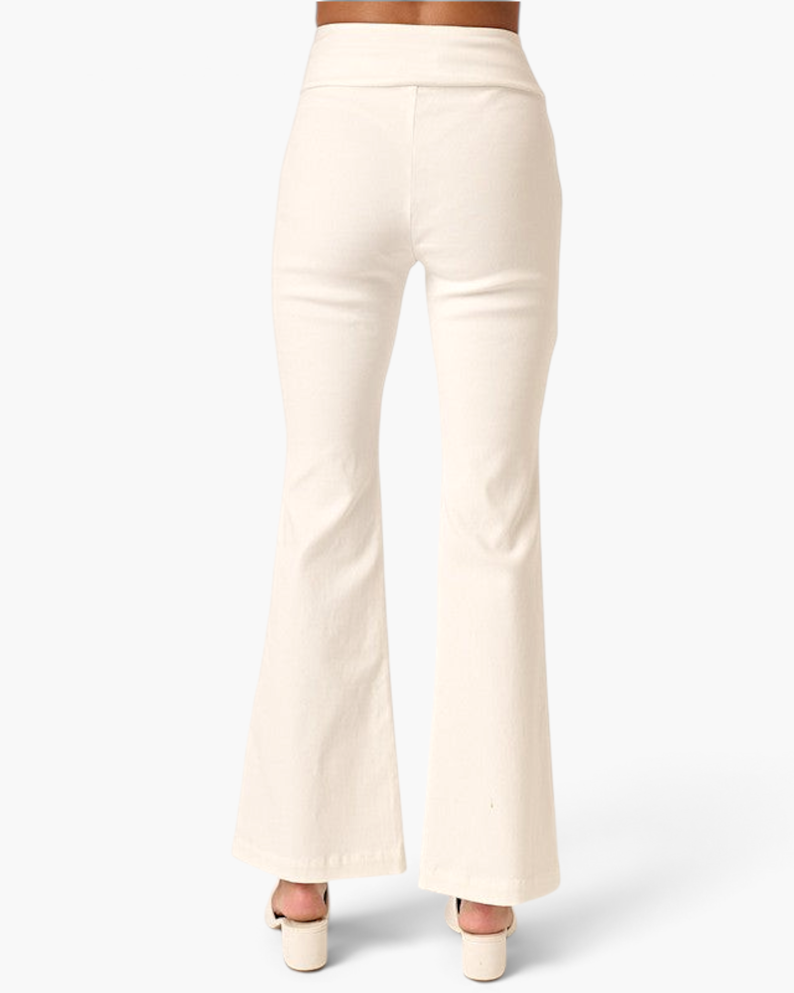 Beach Rose Co. ivory high-rise flare pants with a crossover V-waist, shown from the back on a white background.
