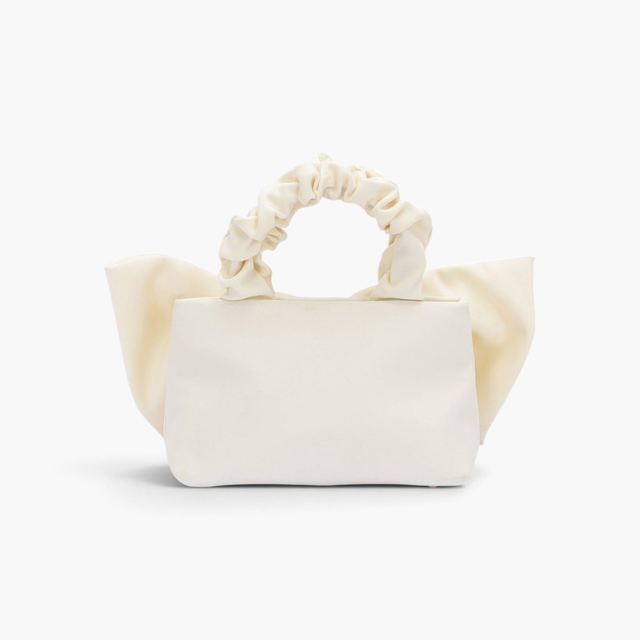 Beach Rose Co. ivory nylon clutch featuring a decorative bow front and a gathered, ruched top handle.
