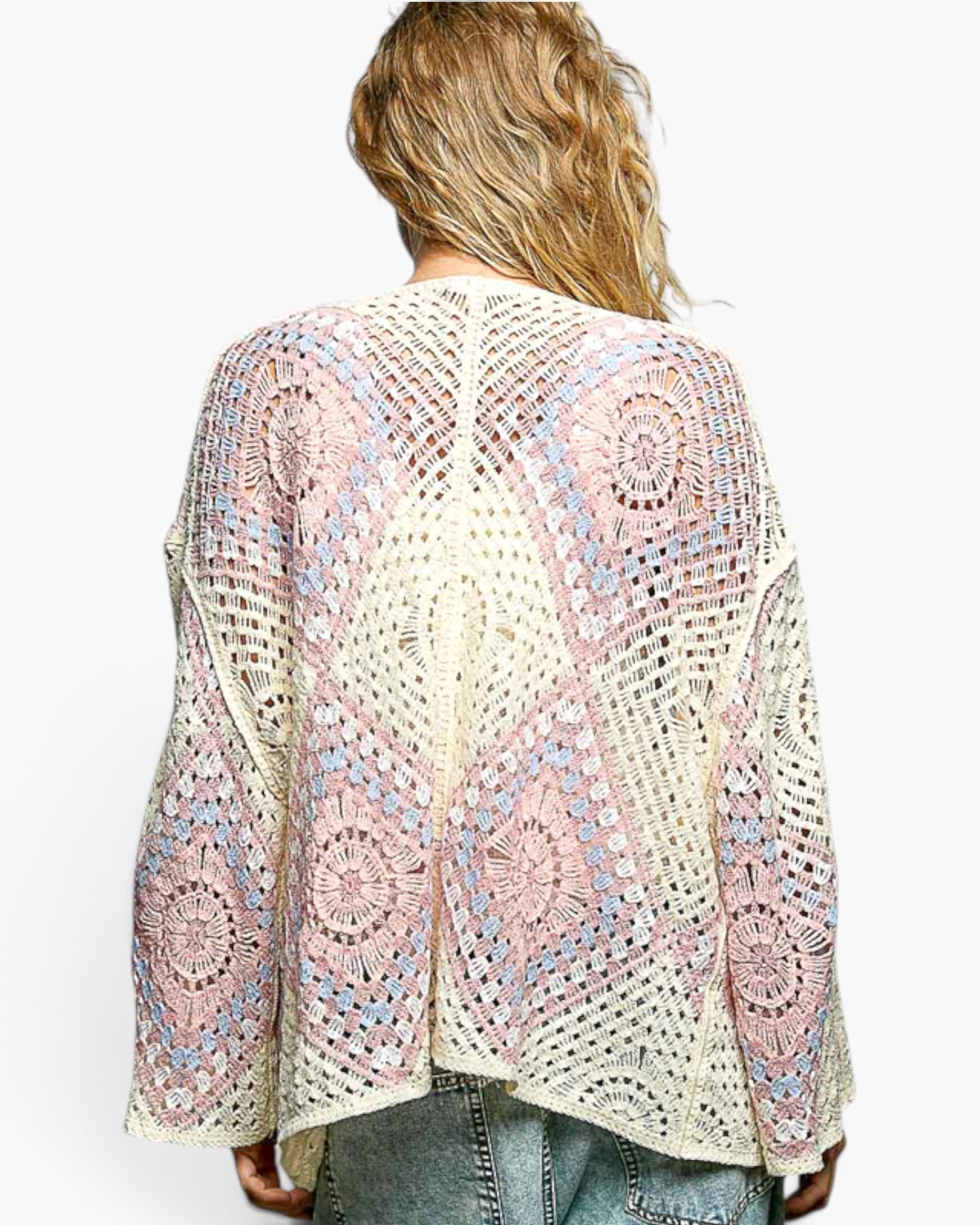 Beach Rose Co. ivory and pink crochet cardigan with a medallion pattern, wide sleeves, and an open-front design.