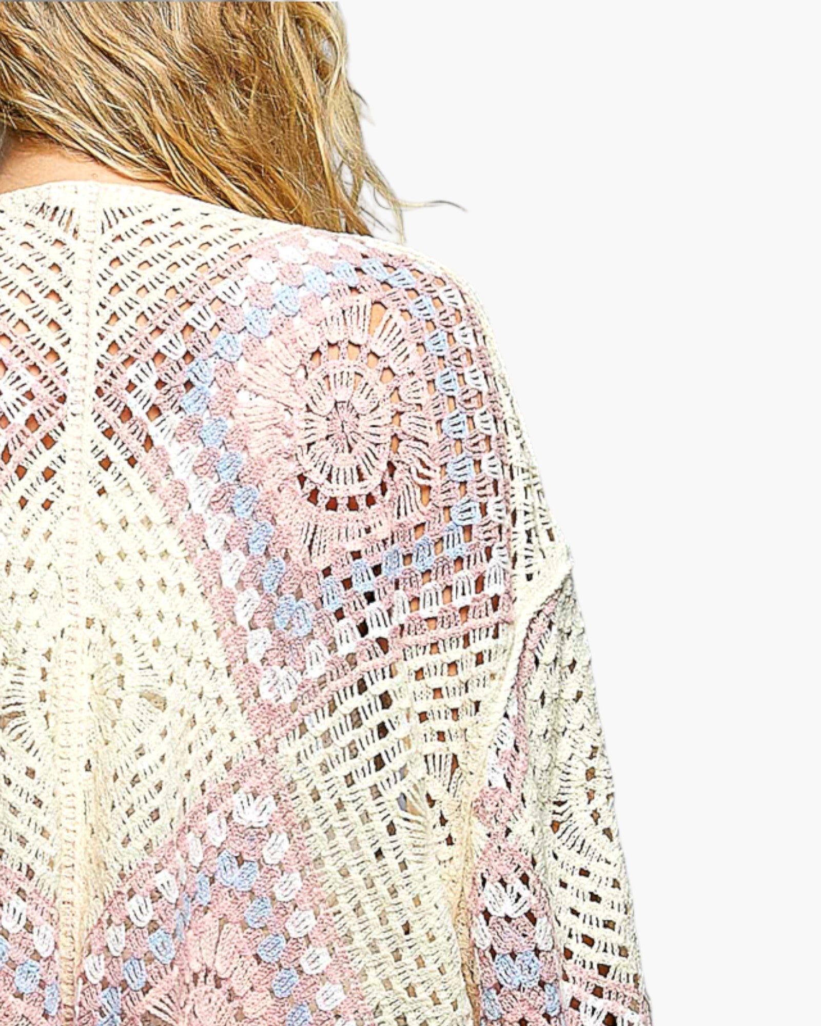 Beach Rose Co. ivory and pink crochet cardigan with a detailed medallion pattern and relaxed wide sleeves.