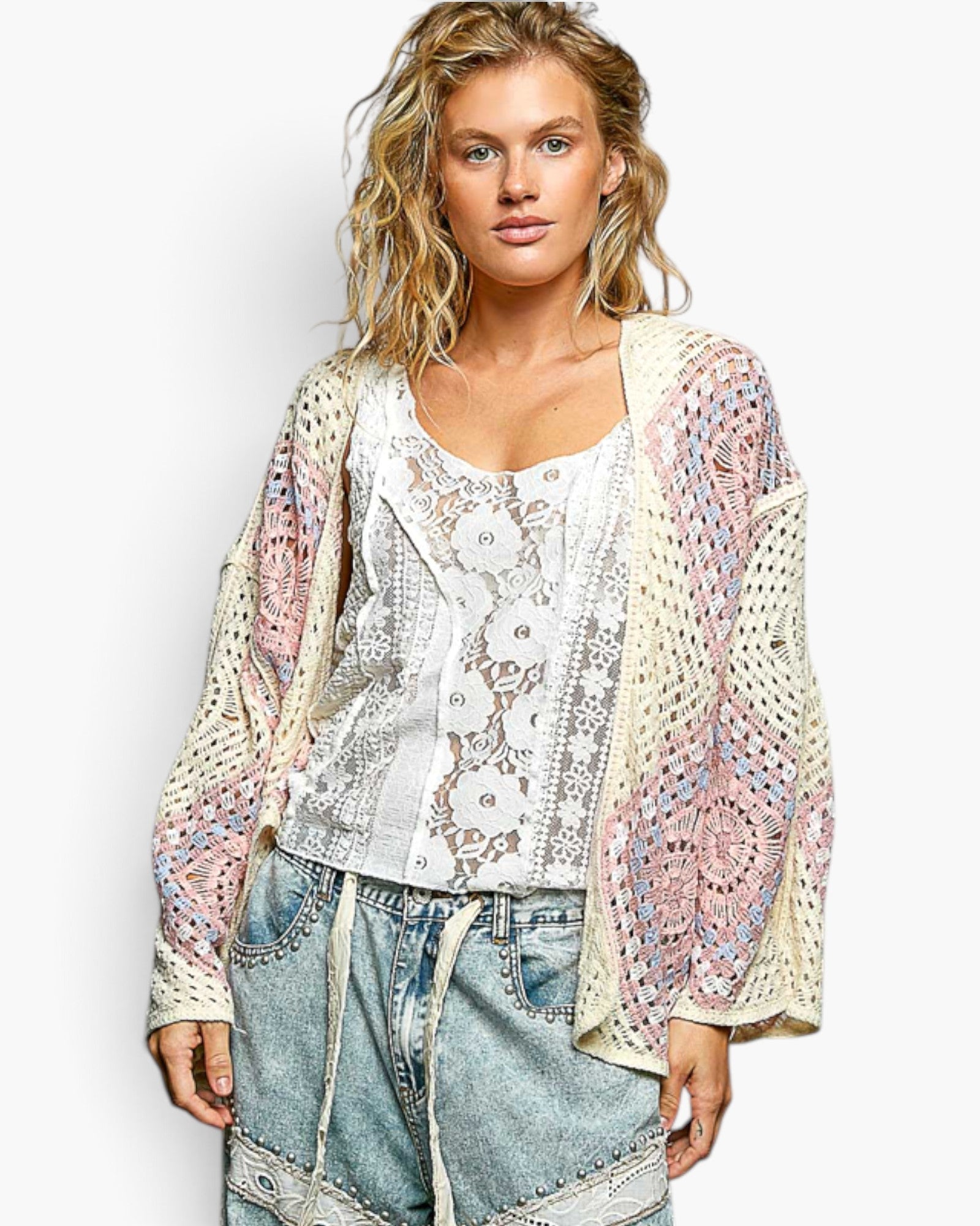 Beach Rose Co. ivory and pink crochet medallion cardigan with an open-front design and relaxed wide sleeves.