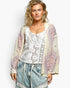 Beach Rose Co. ivory and pink crochet medallion cardigan with an open-front design and relaxed wide sleeves.