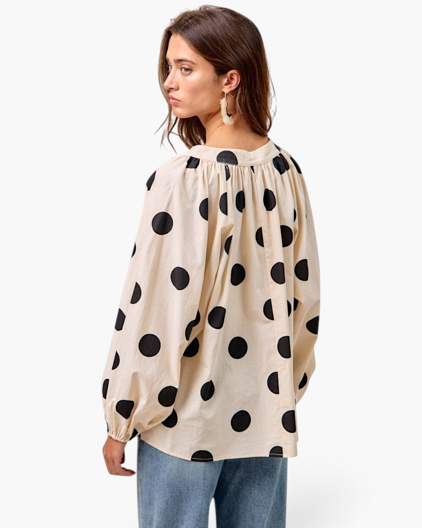 Beach Rose Co. ivory cotton top with black polka dots, long balloon sleeves, and a gathered back view on a model.