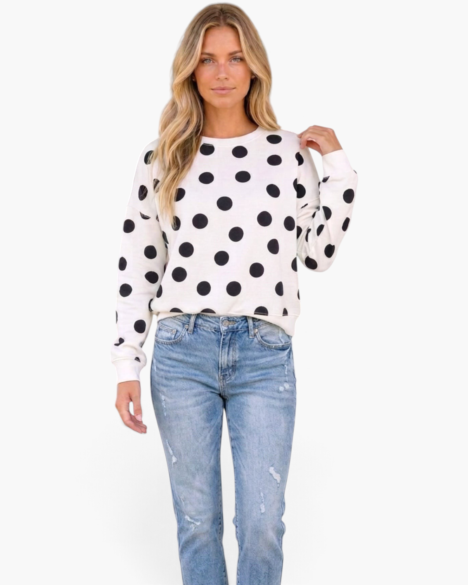 Beach Rose Co. ivory sweatshirt with oversized black polka dots, crew neck, and dropped shoulders worn with jeans.