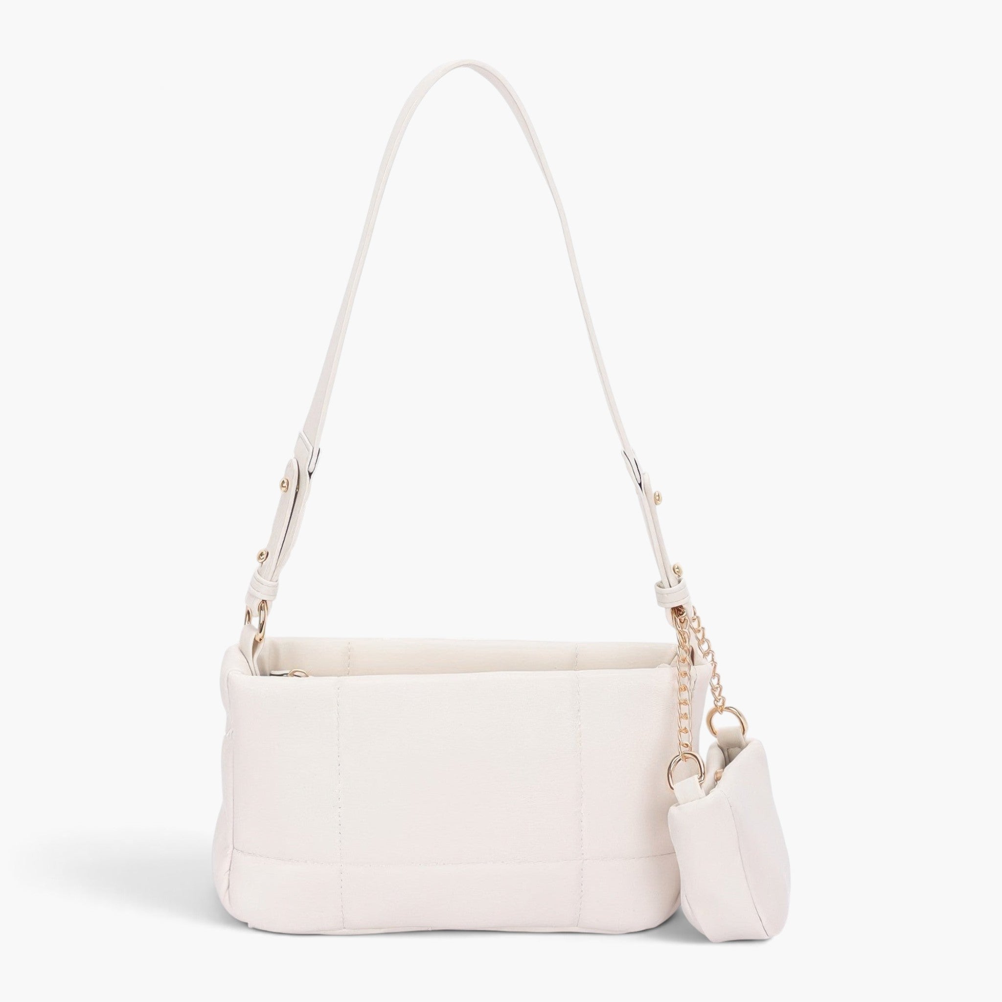Beach Rose Co. ivory quilted faux leather shoulder bag with a gold chain strap and matching detachable Airpod pouch.