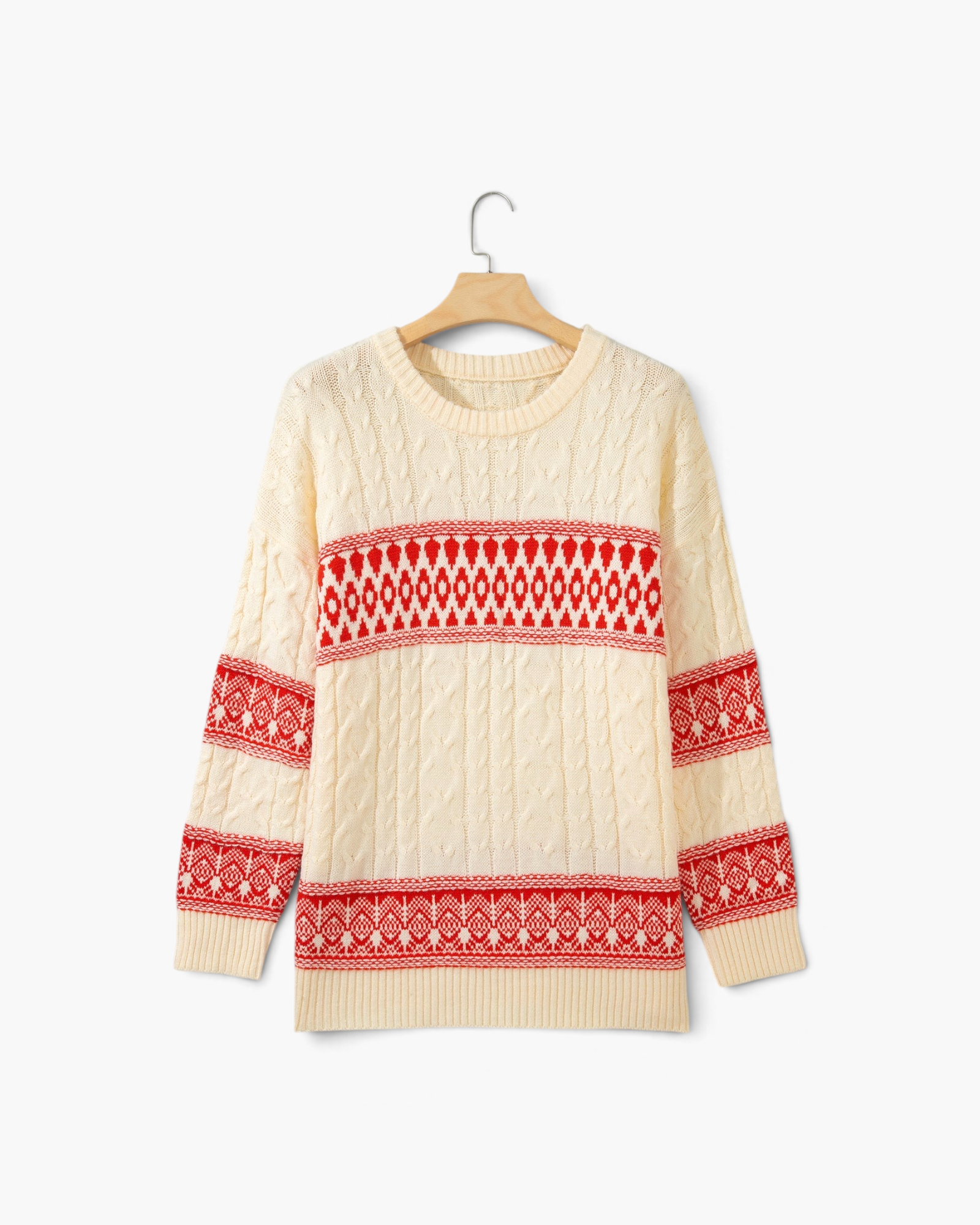 Beach Rose Co. ivory cable knit sweater featuring festive red Fair Isle bands on the body and sleeves.