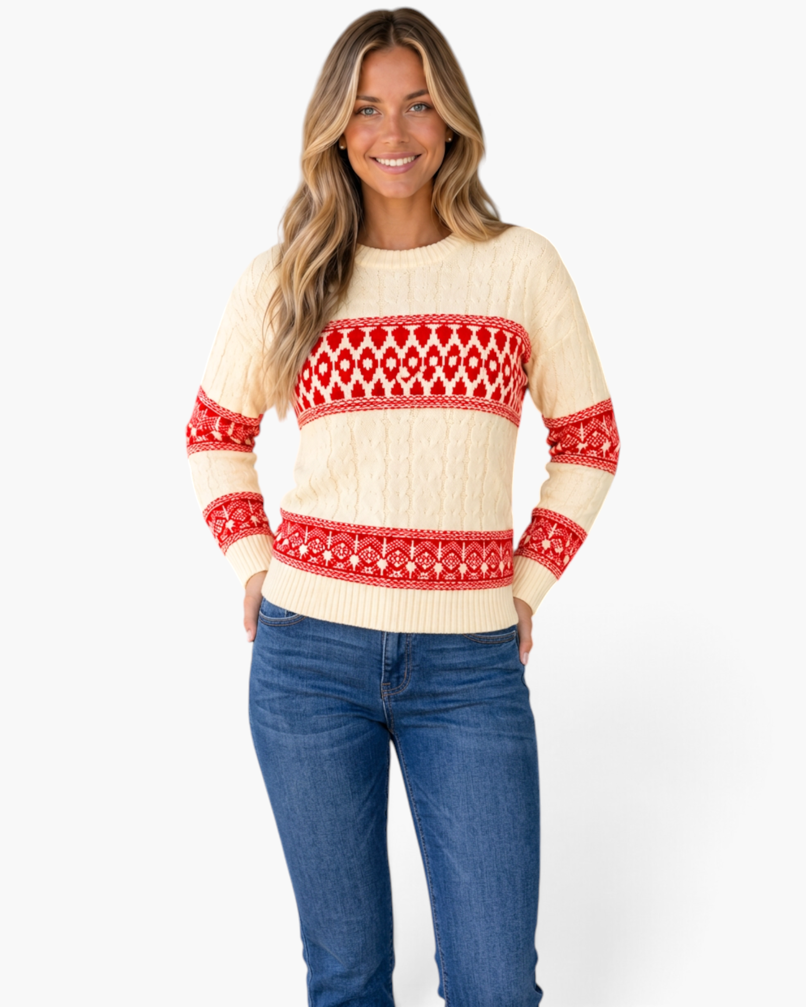 Beach Rose Co. ivory cable knit sweater with red Fair Isle patterns worn by a smiling woman with long blonde hair.