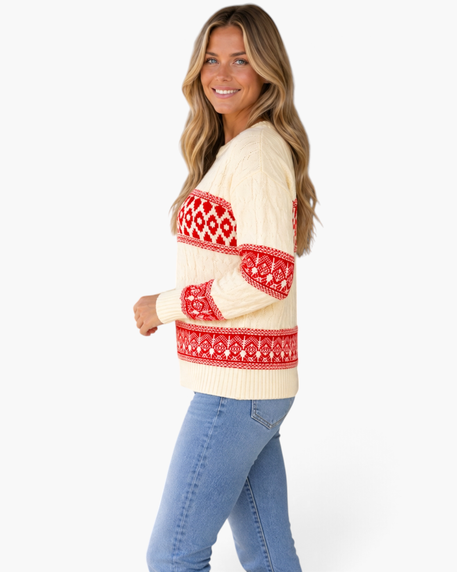 Beach Rose Co. ivory cable knit sweater with red Fair Isle patterns worn by a smiling woman with long blonde hair