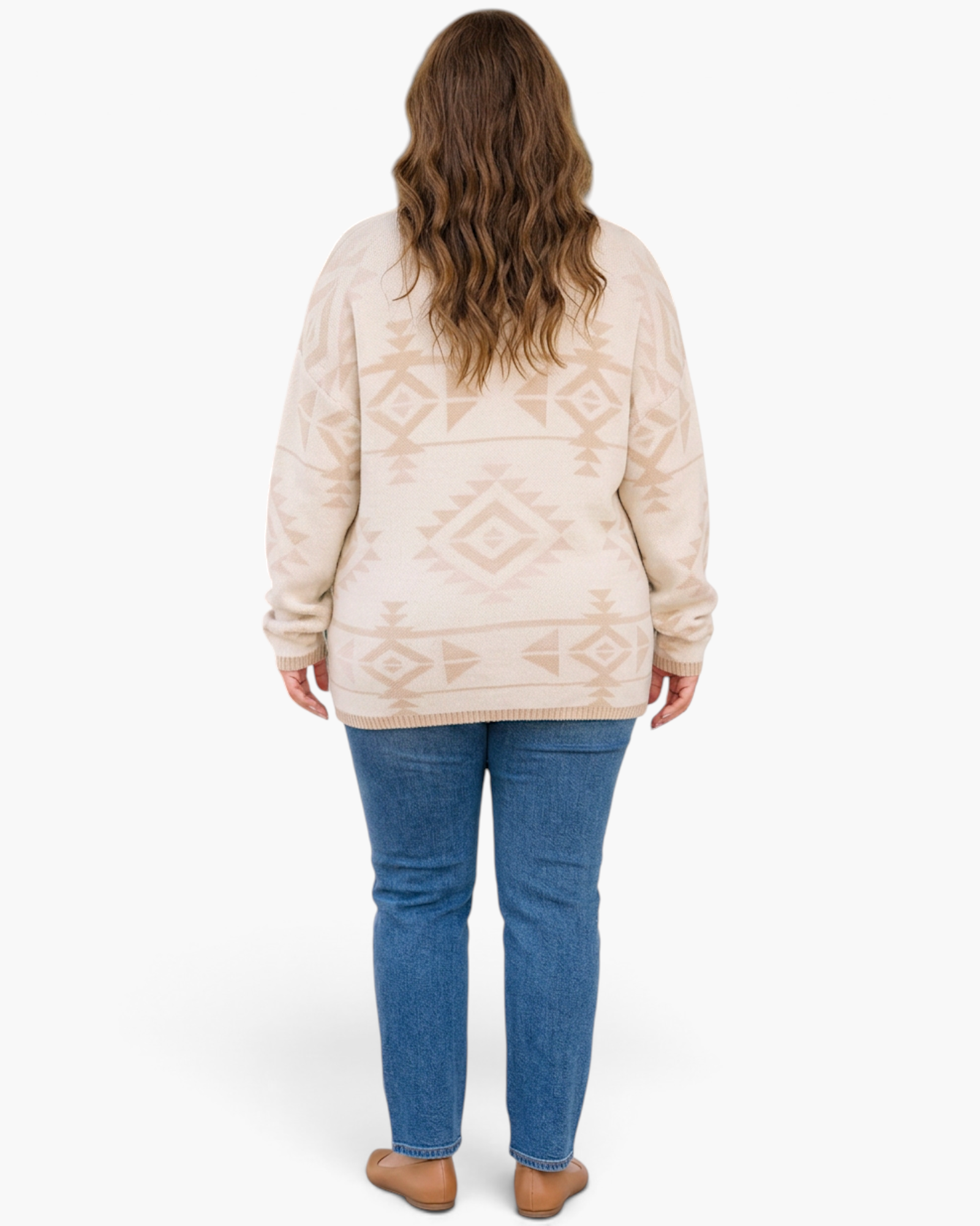 Beach Rose Co. plus-size ivory sweater with a blush and beige Southwestern geometric print and ribbed hem, back view.