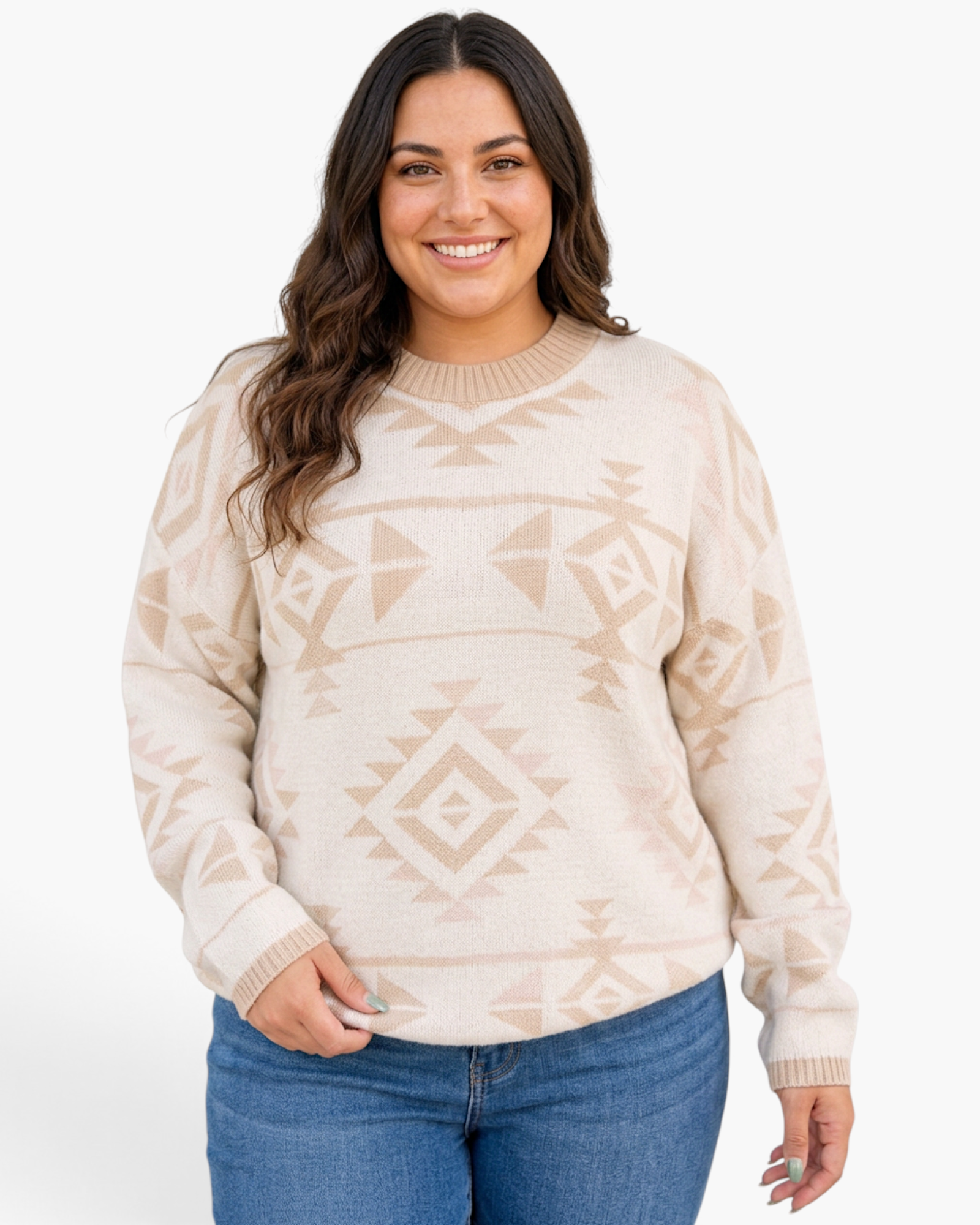 Beach Rose Co. plus-size ivory sweater with blush and beige Southwestern geometric print and ribbed crew neckline