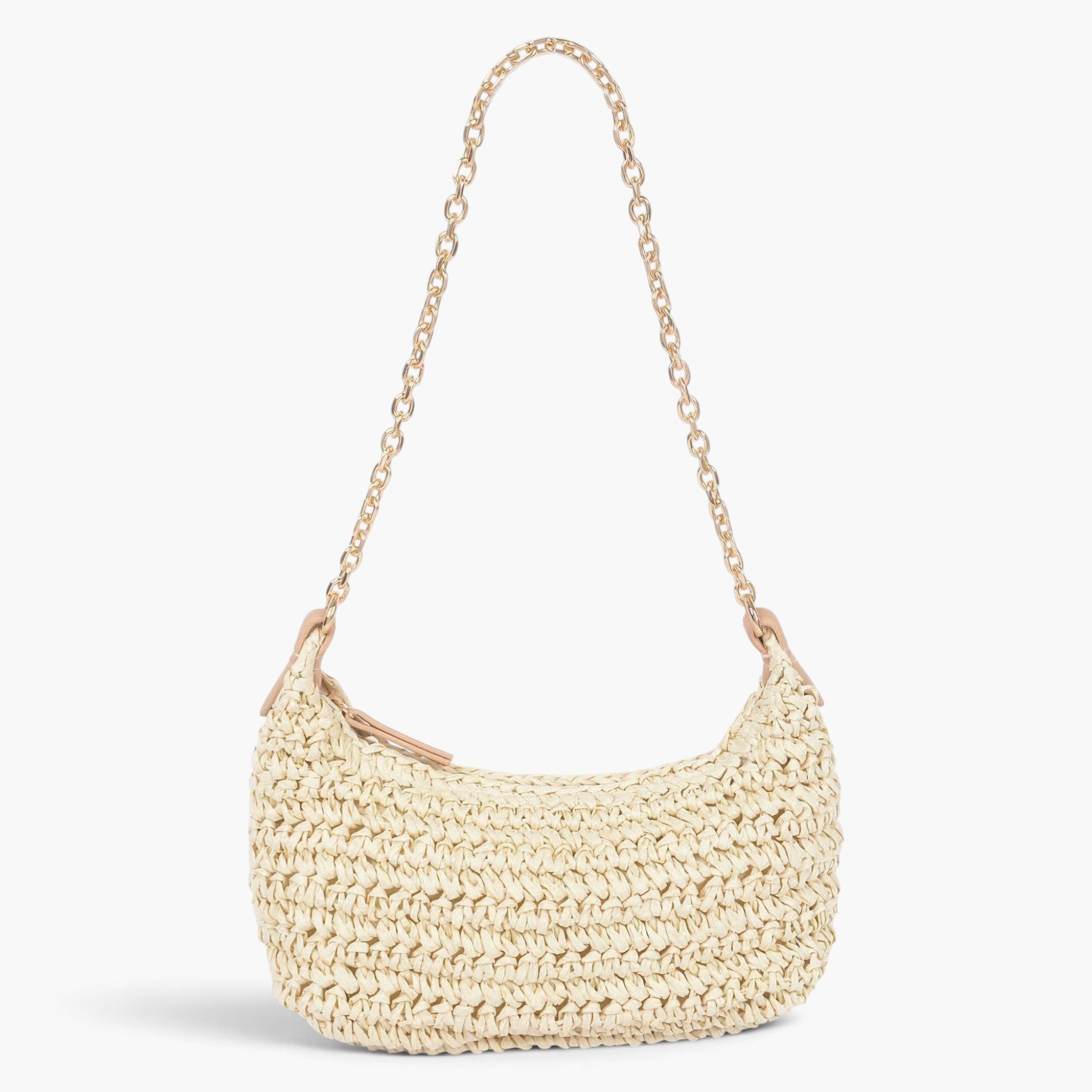 Beach Rose Co. ivory faux straw shoulder clutch with a gold chain strap and a sleek rectangular silhouette.