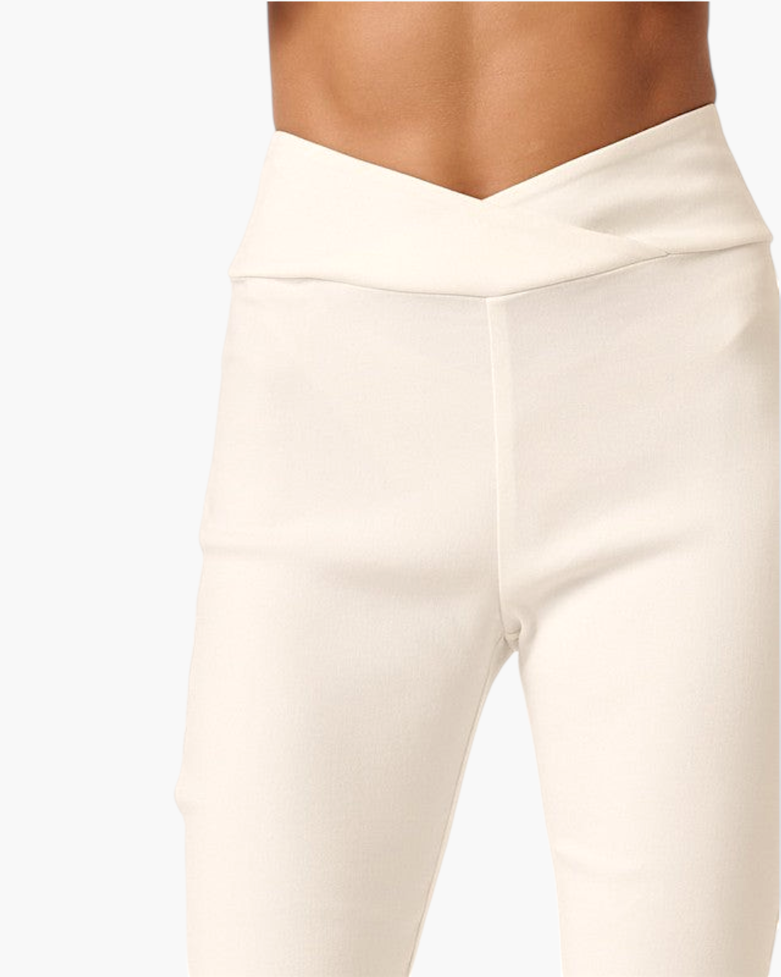 Beach Rose Co. ivory high-rise flare pants with a flattering crossover V-waistband in soft stretch fabric.