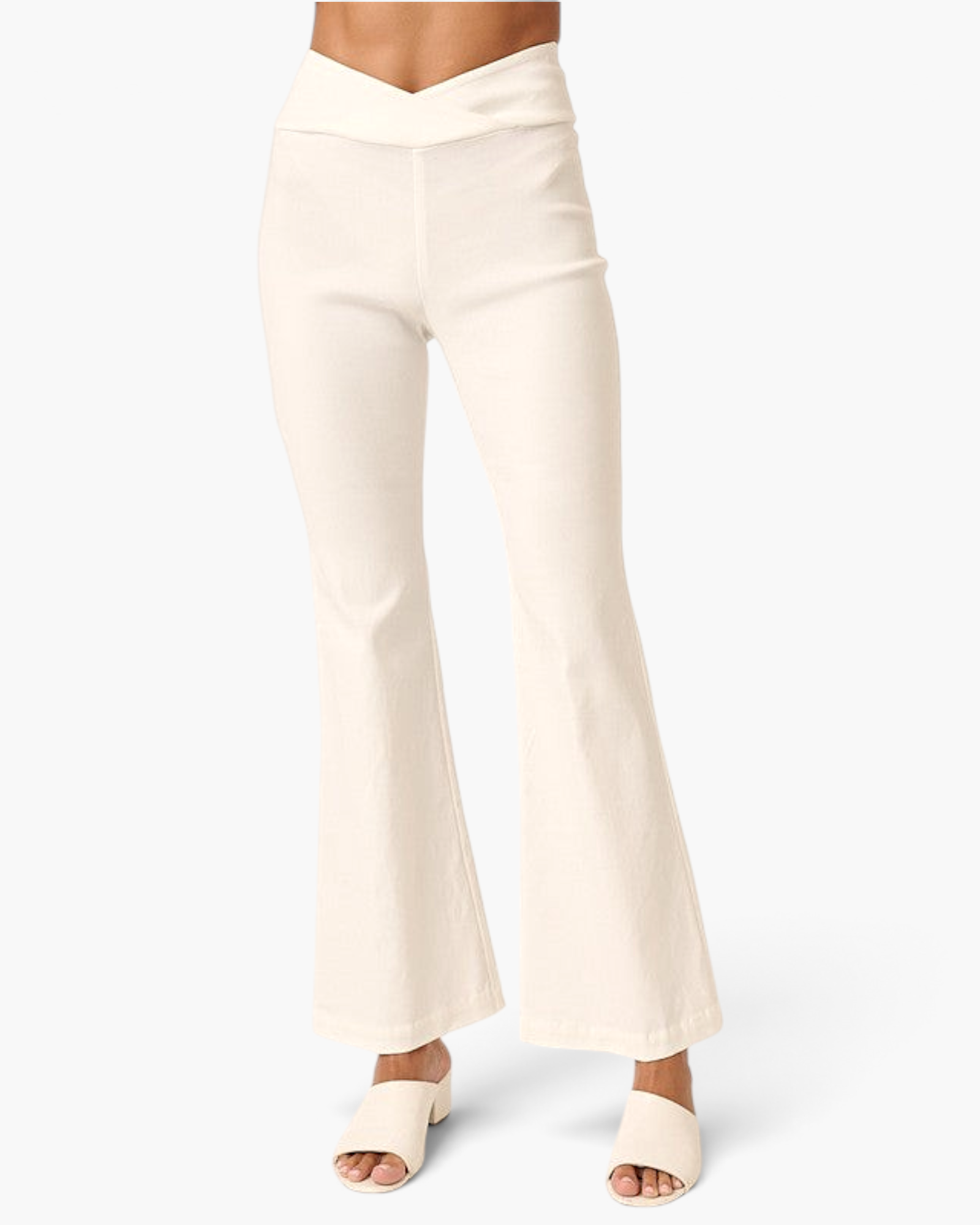 Beach Rose Co. ivory high-rise flare pants with a crossover V-waist in a soft stretch fabric