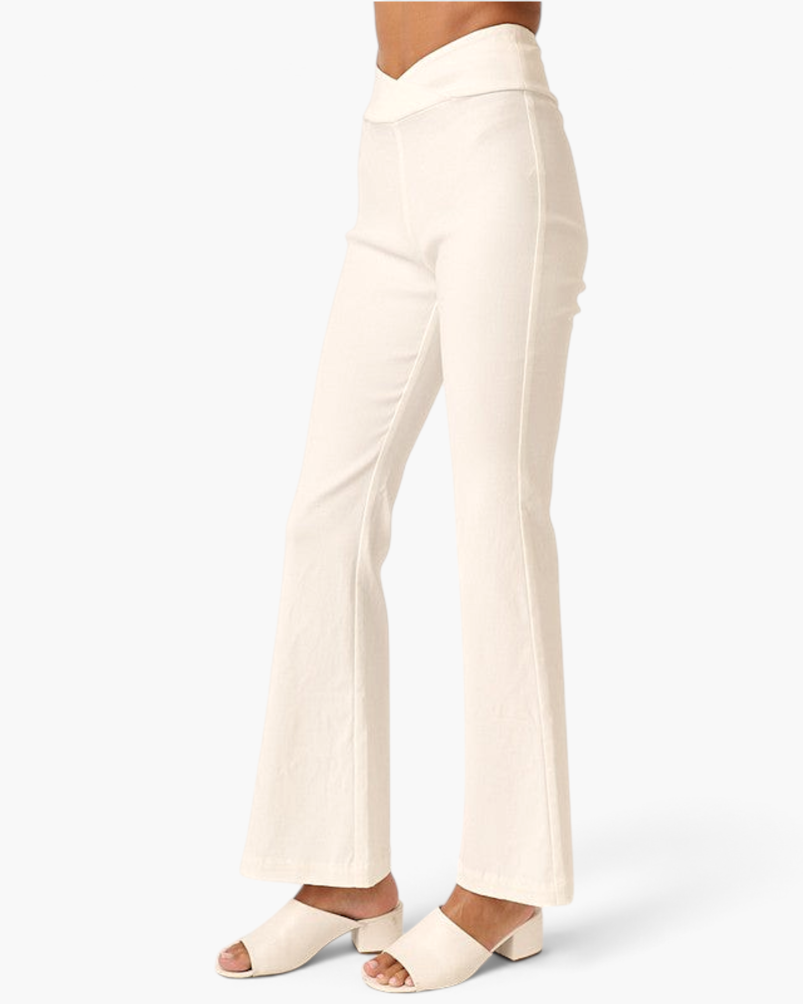 Beach Rose Co. ivory high-rise flare pants with a crossover V-waistband in a soft stretch fabric