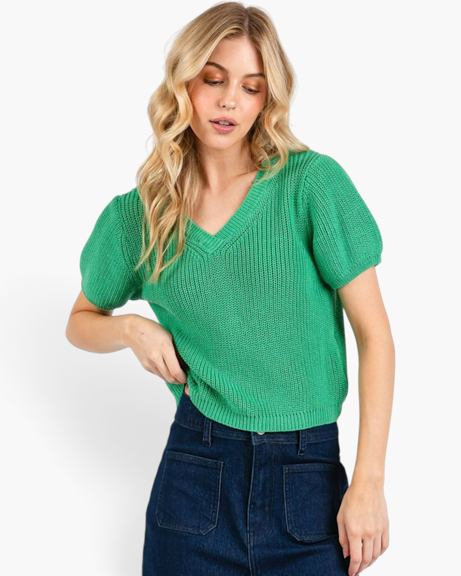 Beach Rose Co. jade green cotton V-neck sweater with short puff sleeves and textured knit worn by a blonde model