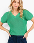 Beach Rose Co. jade green textured knit sweater with a V-neckline and short puff sleeves worn by a blonde model.