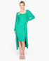 Beach Rose Co. jade green ribbed midi bodycon dress and matching long cardigan set worn by a blonde model