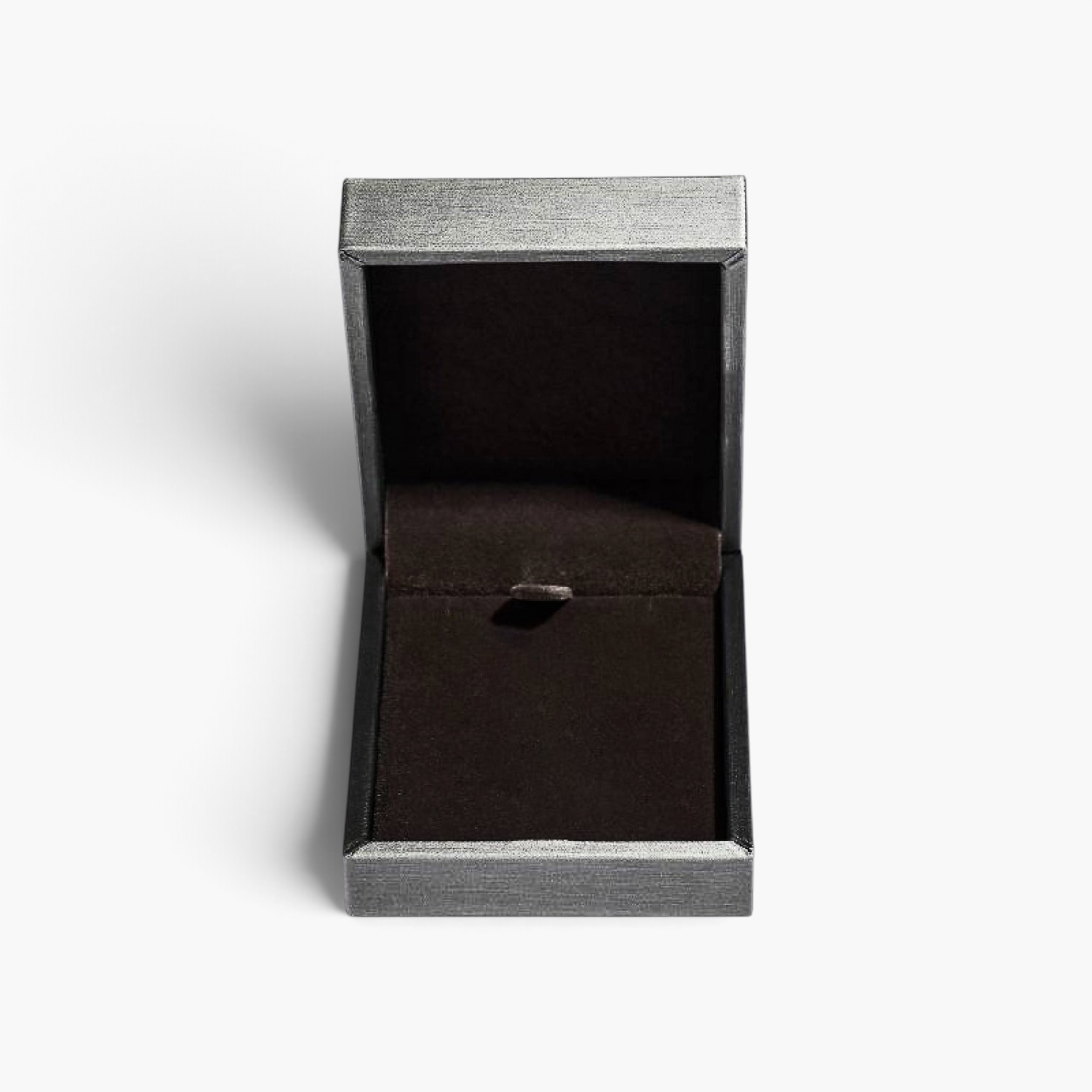 Beach Rose Co. empty dark grey textured jewelry gift box with a soft brown velvet interior lining