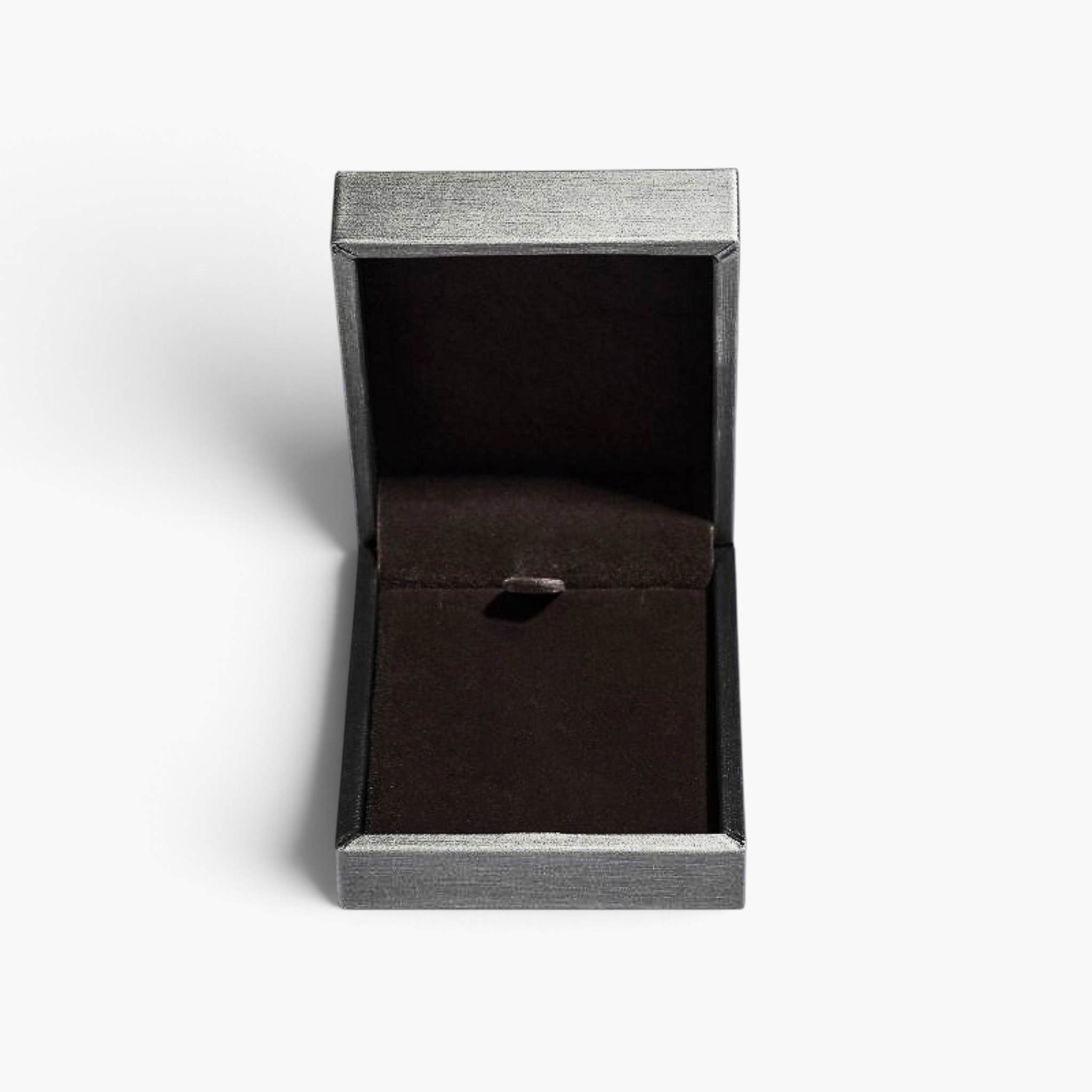 Beach Rose Co. empty dark grey textured jewelry gift box with a soft brown velvet interior lining