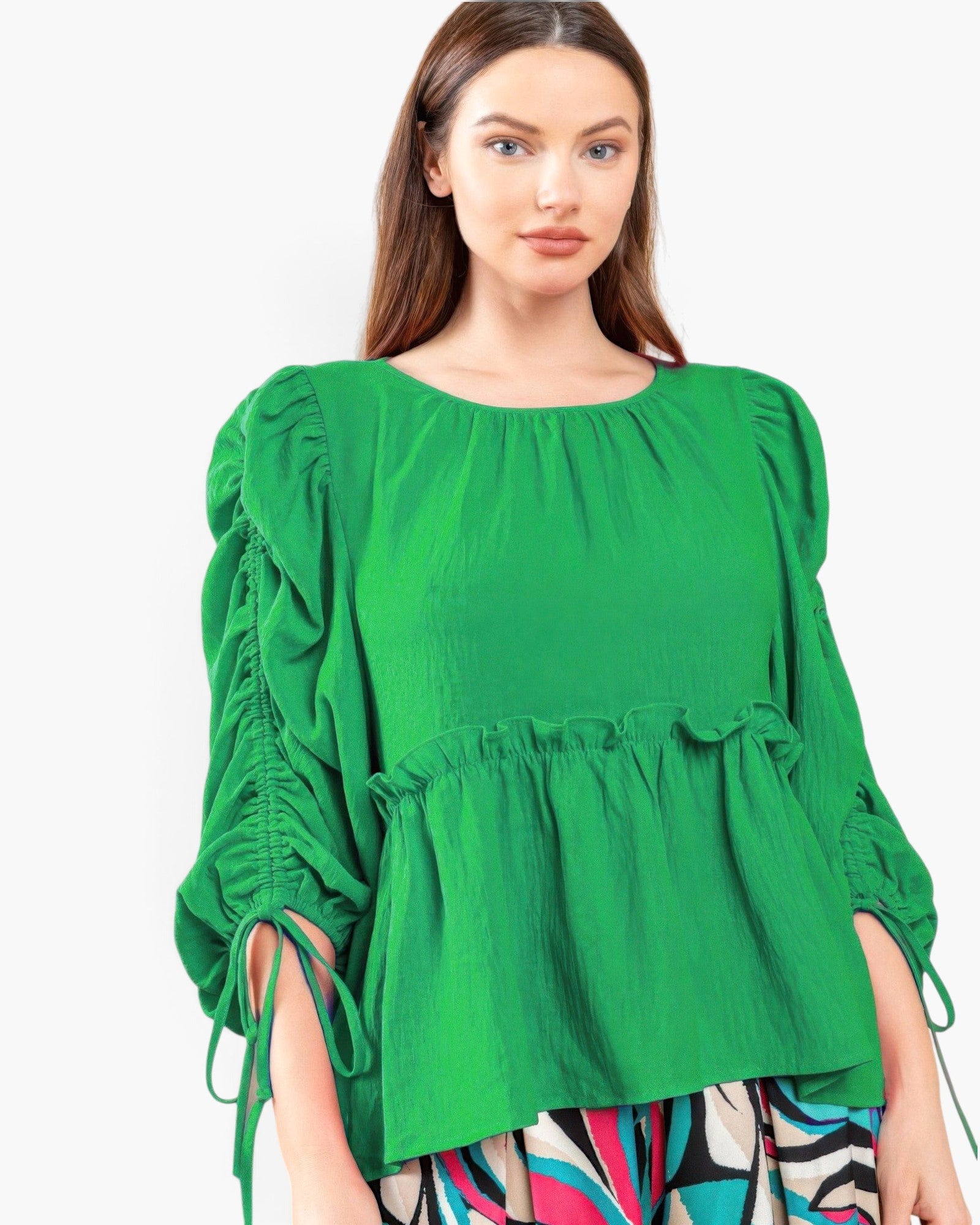 Beach Rose Co. Kelly Green babydoll top with round neckline, 3/4 puff sleeves, and ruched drawstring details