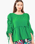 Beach Rose Co. Kelly Green babydoll top with round neckline, 3/4 puff sleeves, and ruched drawstring details