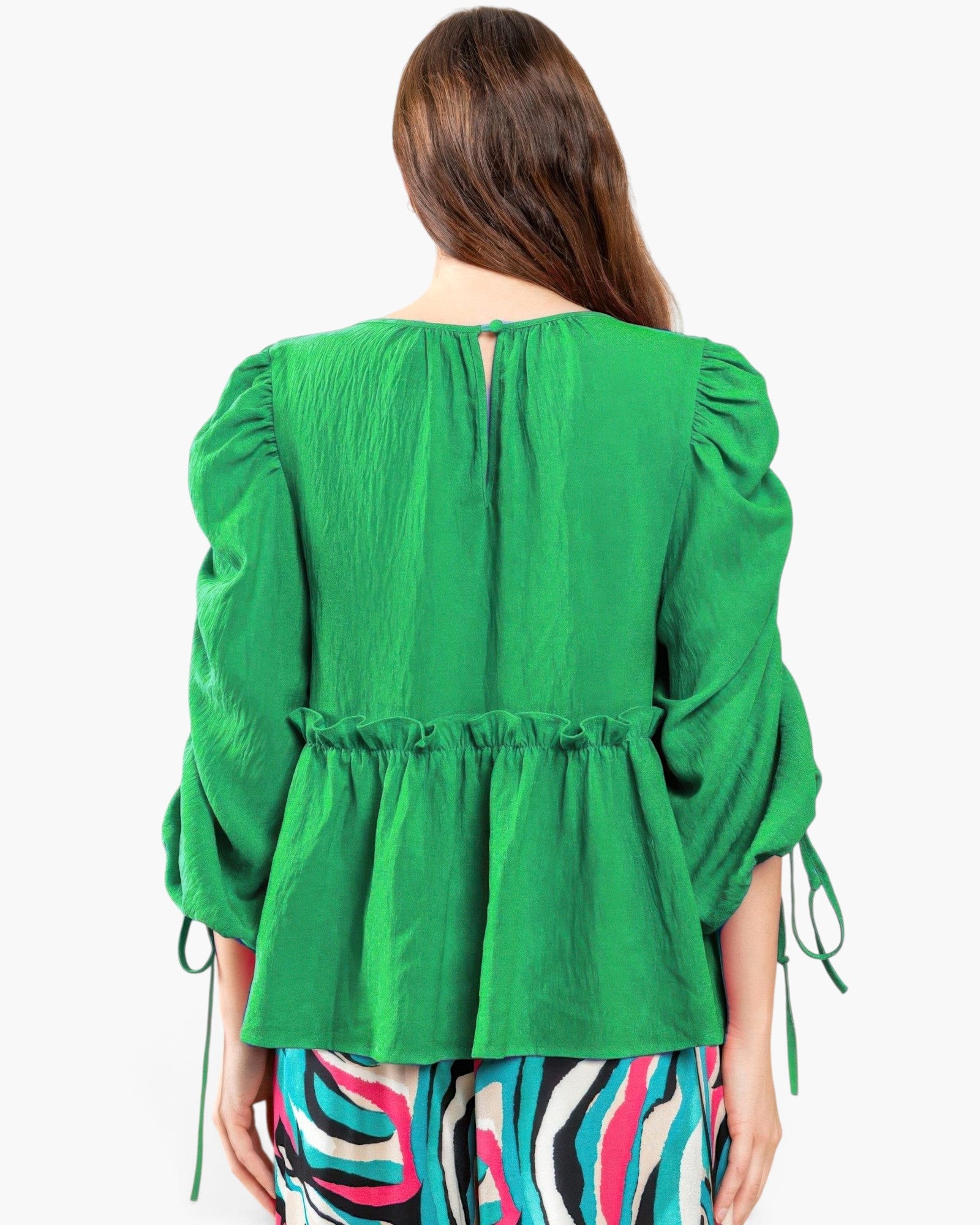 Beach Rose Co. Kelly Green babydoll top with 3/4 puff sleeves, ruched drawstring details, and back button keyhole.