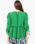 Beach Rose Co. Kelly Green babydoll top with 3/4 puff sleeves, ruched drawstring details, and back button keyhole.